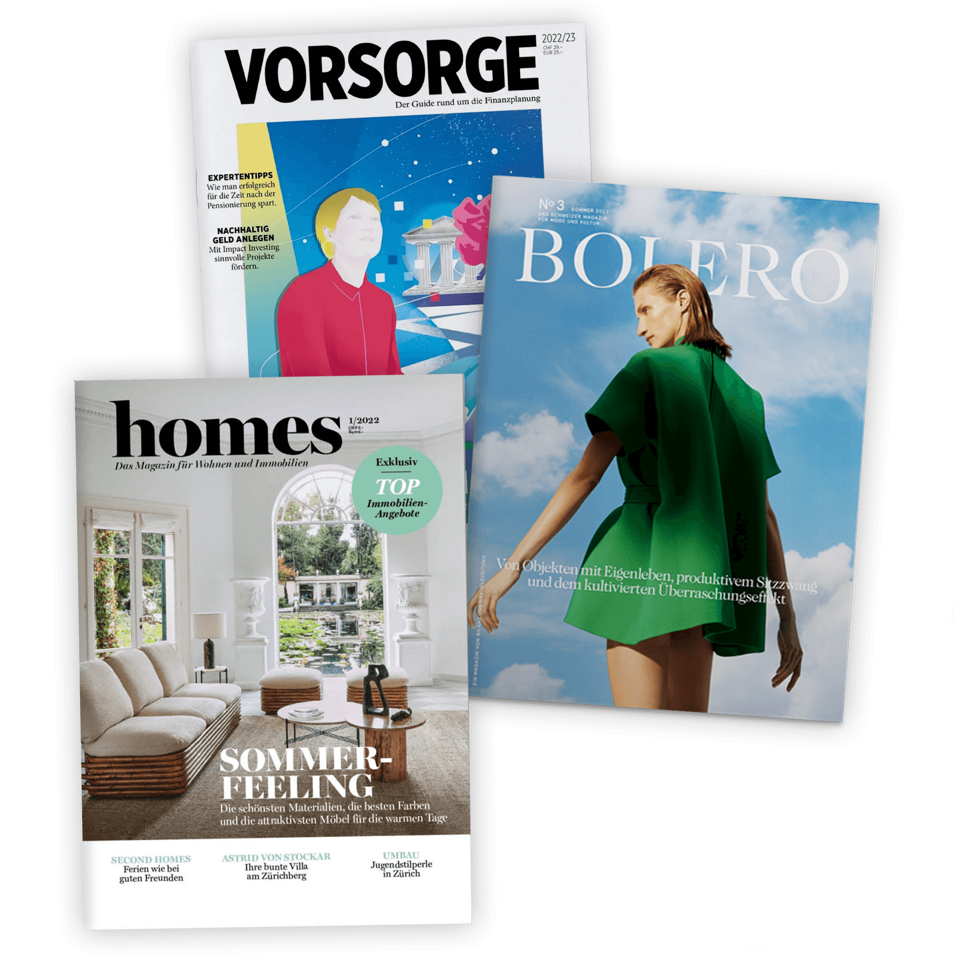 Specials Hz <h2>Specials </h2>
<p>In den Beilagen können Sie zusätzlich vertiefte Informationen über ausgesuchte Branchen, Trends und Märkte finden:</p>
<ul>
<li>Der «<strong>Millionär</strong>» begeistert alle, die dem Luxus nicht abgeneigt sind, und diesen auch über Erträge aus Vermögensanlagen finanzieren wollen. </li>
<li><strong>Vorsorge </strong>- Der Guide rund um die Finanzplanung: Das Thema Vorsorge hat in den vergangenen Jahren sowohl bei Unternehmen als auch bei Privatpersonen an Relevanz gewonnen. </li>
<li><strong>Bolero </strong>ist das führende Luxus Magazin der Schweiz für Mode, Beauty und Kultur.</li>
</ul>
<p> </p>